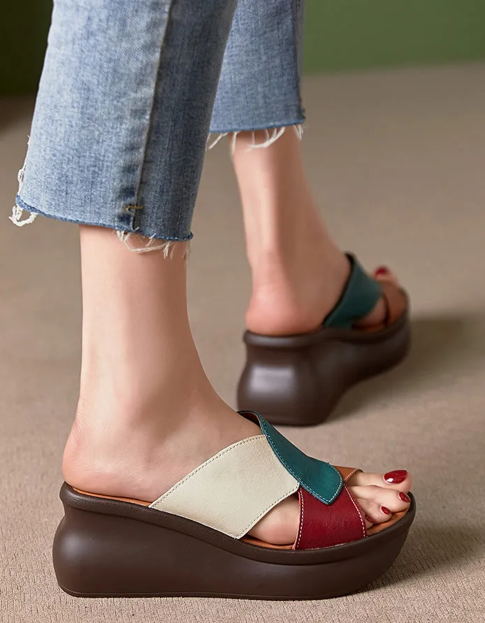 Color Matching Retro Leather Wedge Slippers