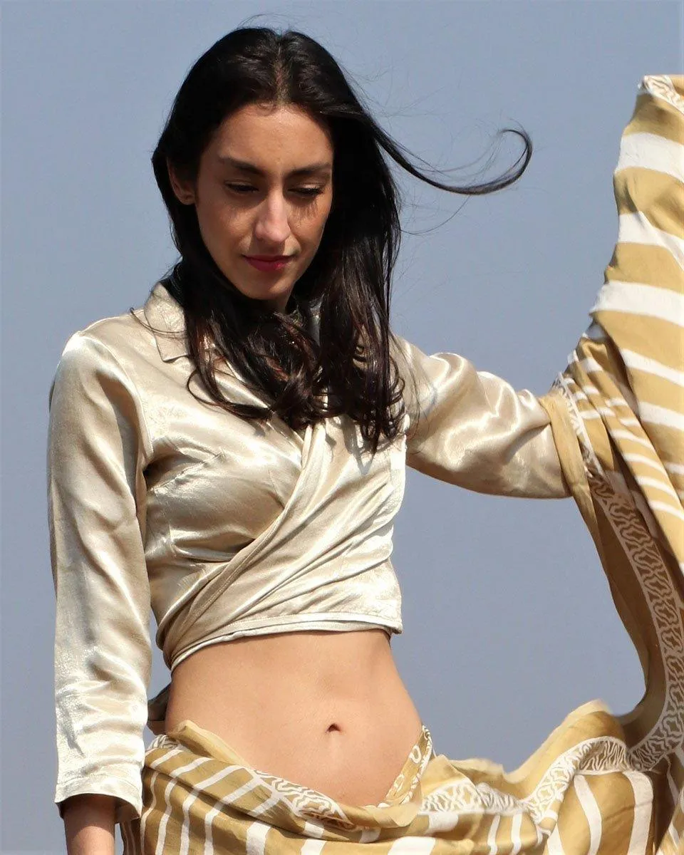 Cream Mashru Silk Wrap Crop Top Blouse