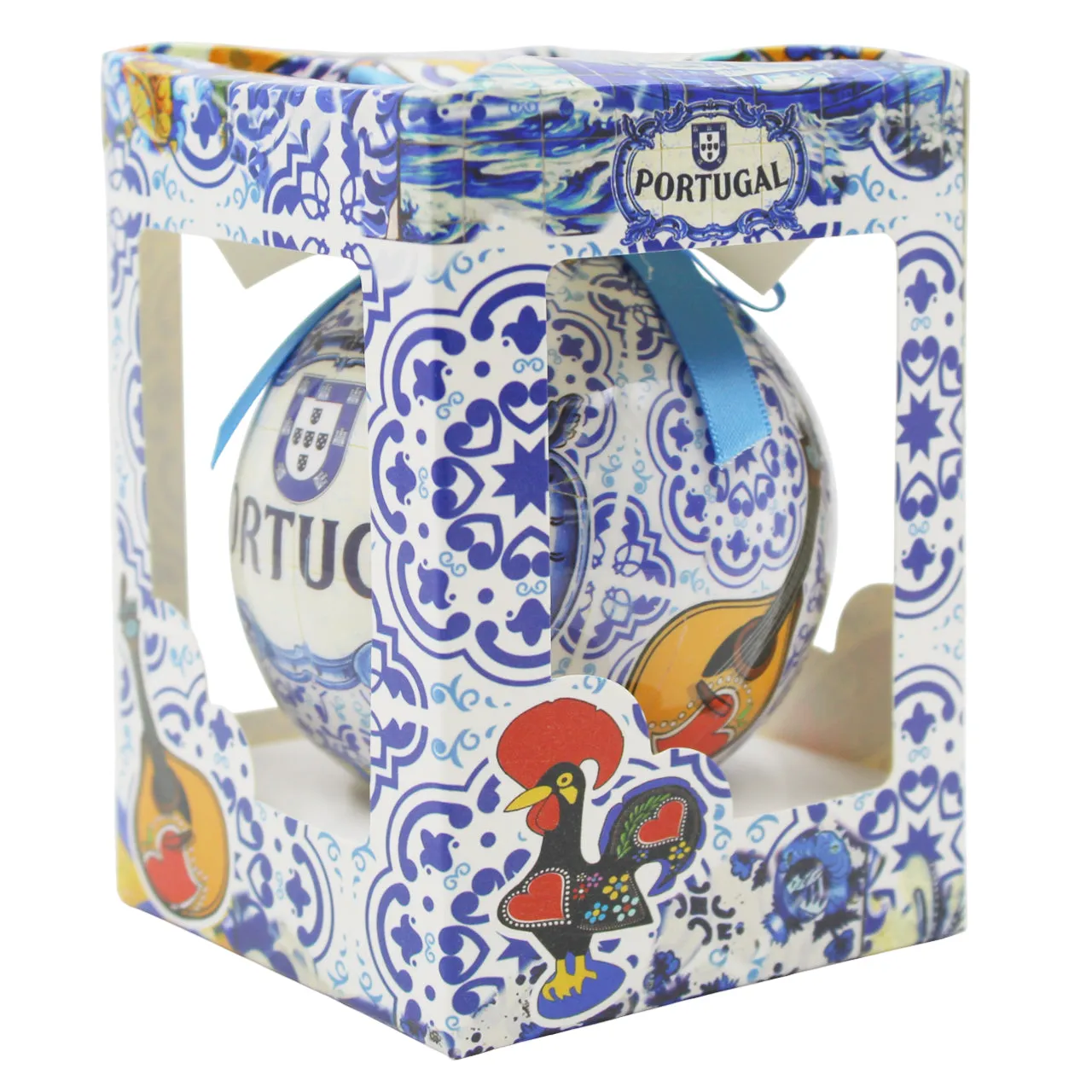 Portugal Christmas Ornament with Blue Azulejo-Style Design and Blue Ribbon