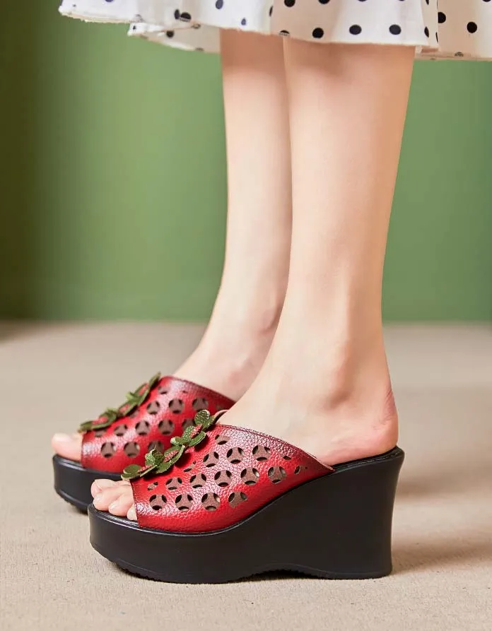 Retro Leather Flowers Oriental Style Wedge Slippers
