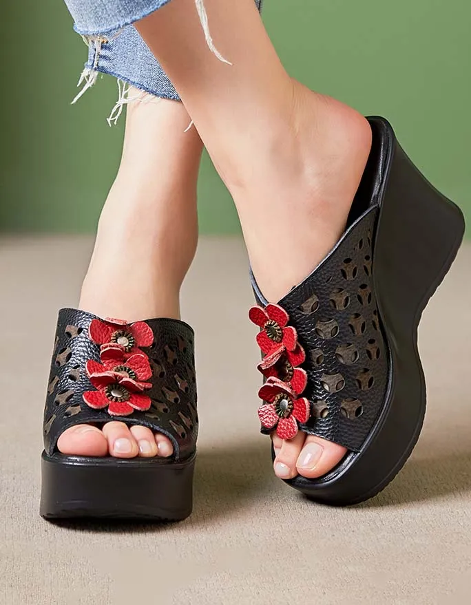 Retro Leather Flowers Oriental Style Wedge Slippers