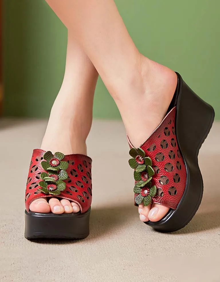 Retro Leather Flowers Oriental Style Wedge Slippers