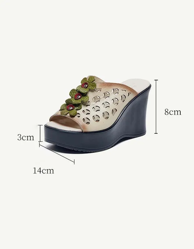 Retro Leather Flowers Oriental Style Wedge Slippers