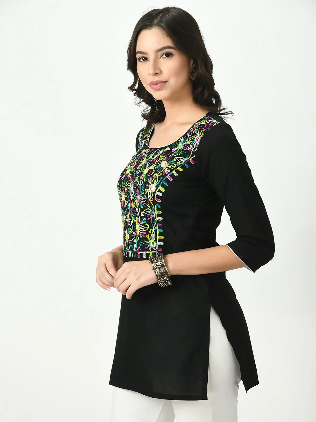 Women Black Embroidered Short Kurti
